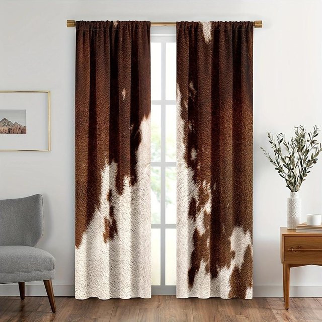 2er-Set Kuhfell-Fenstervorhänge mit Kuhdruck in Braun, semi-transparent, B/H: 230 x 210 cm - Bild 1