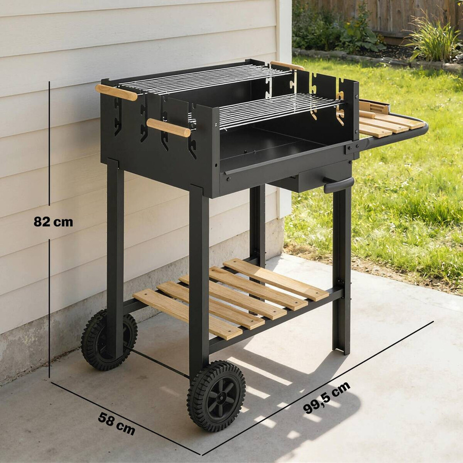 Outsunny Holzkohlegrill Grillwagen mit höhenverstellbarem Grillrost und 2 Holzablagen in Schwarz, B/H/T: 58 x 82 x 99,5 cm - Bild 3