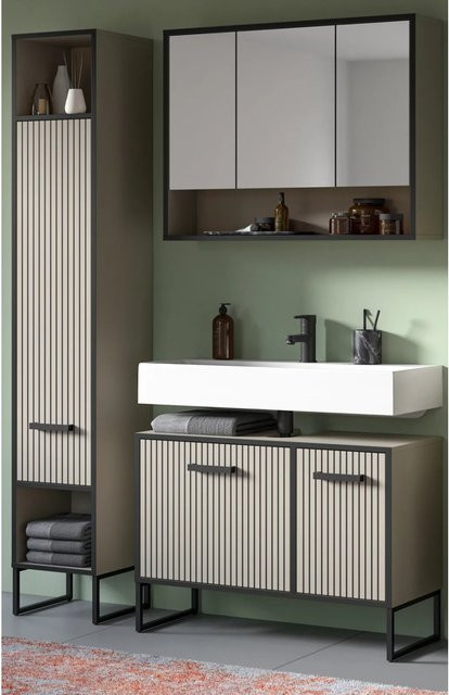Inn.Furn Badmöbel Set Scana 3-teilig in Sand mit Hochschrank, Spiegelschrank und Waschbeckenunterschrank, B/H: 125 x 192 cm - Bild 1