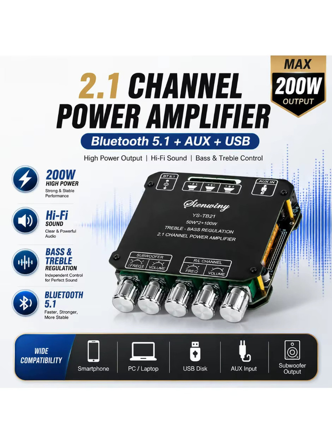 Digitaler 2.1CH Bluetooth Verstärker mit Subwoofer, 100W*2+100W, Höhen- und Bassregelung, AUX 3.5mm Jack, Schwarz - Bild 5