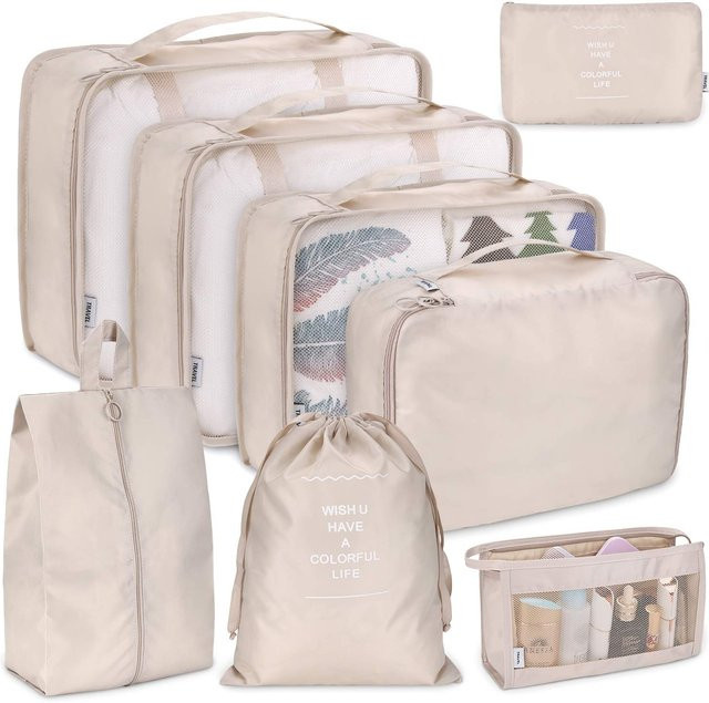 Reise-Organizer Set aus 6 bis 8 Teilen zur Kofferorganisation für Kleidung und Schuhe in Grau und Beige - Bild 1
