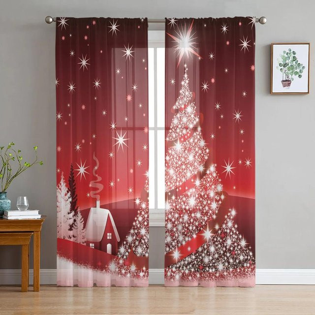 Yiran Furniture Weihnachts Vorhang mit Weihnachtsglocken Motiv, transparenter Chiffon Tüllvorhang in Rot, Breite: 135 cm, Höhe: 115 cm - Bild 1