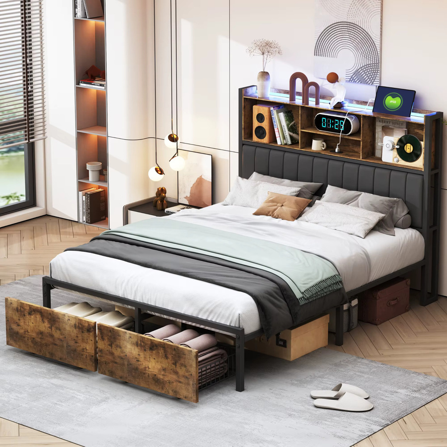 Anajqaqia Doppelbett im Industriestil aus Metall und Holz mit LED-Beleuchtung, 2 Schubladen und Stauraum im Kopfteil, Schwarz, B/T/H: 140 x 200 cm - Bild 4