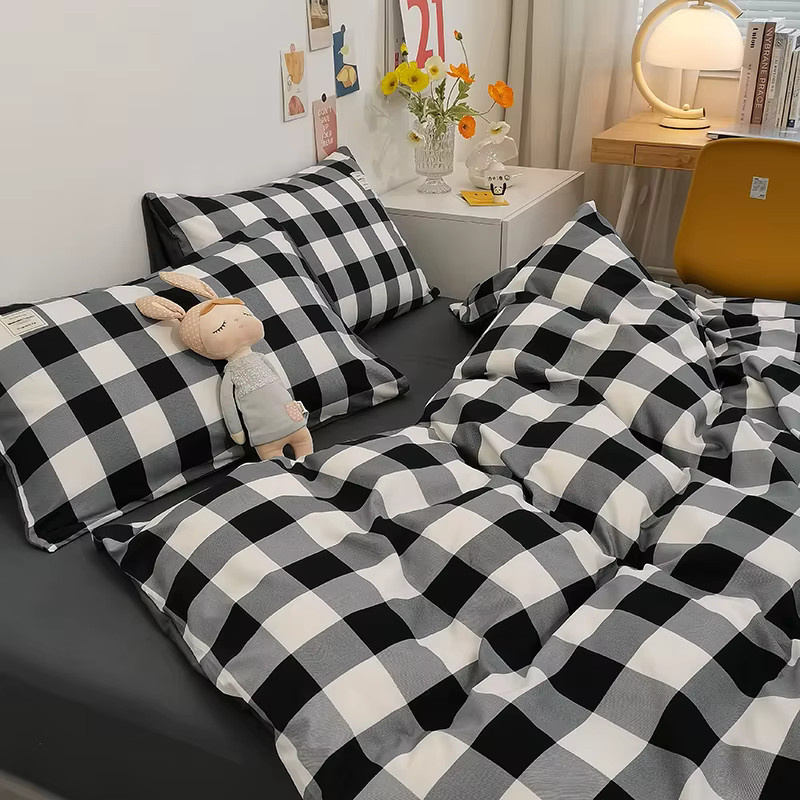 Dreamreal Bettwäsche-Set aus reiner Baumwolle mit karierten Streifen inklusive Bettbezug, Spannbettlaken und Kissenbezügen - Bild 2