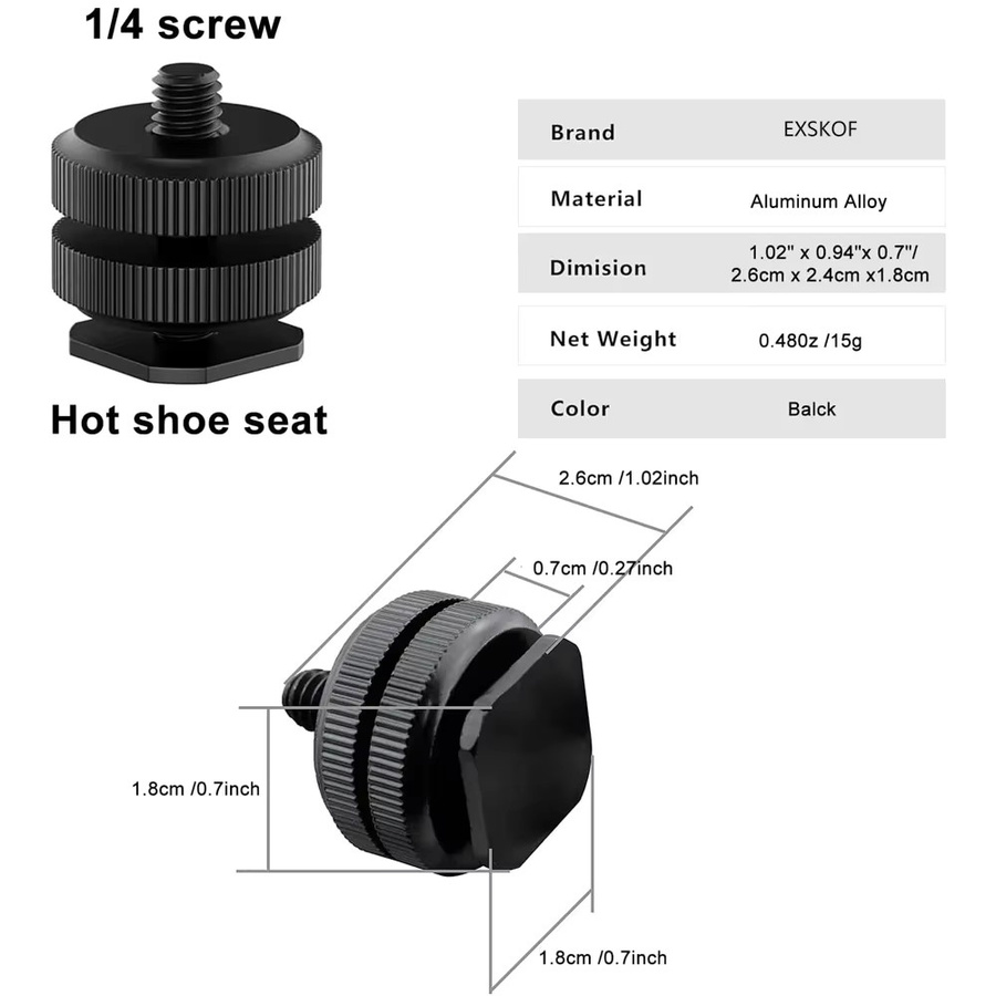 EXSKOF Blitzschuh-Adapter aus Aluminiumlegierung in Schwarz für DSLR-Kameras zur Befestigung von LED-Licht, Monitor oder Mikrofon mit 1/4-Zoll-Schraubenadapter - Bild 3