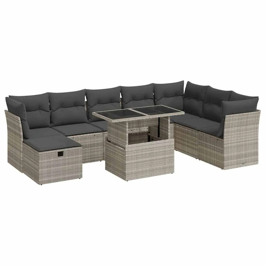vidaXL 9-teilige Garten-Sofagarnitur in U-Form aus Poly Rattan mit Kissen und Couchtisch in Hellgrau - Bild 2