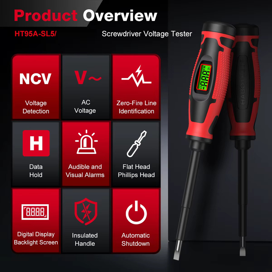 HABOTEST HT95ASL5 Digitaler Spannungsprüfer in Rot mit berührunglosem NCV-Detektor und Smart-Chip - Bild 2
