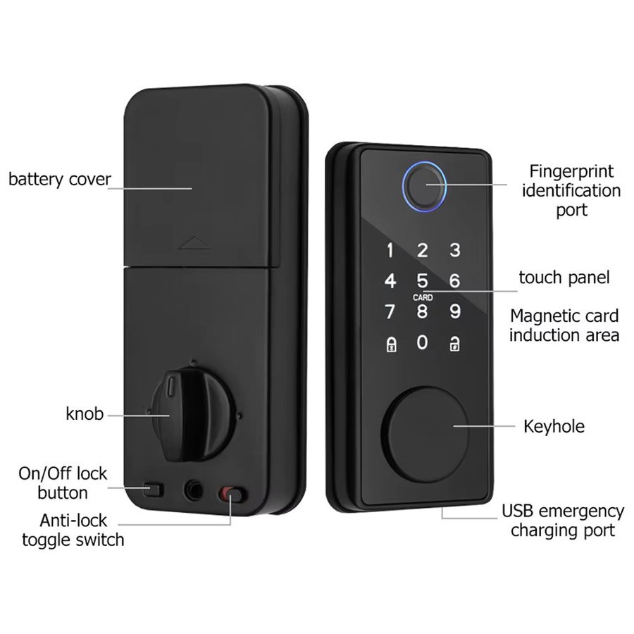 Elektronisches Holztürschloss von Asia-Teco in Schwarz mit Fingerabdruck, Passwort, Bluetooth und Tuya-App-Unterstützung inklusive mechanischem Schlüssel - Bild 4