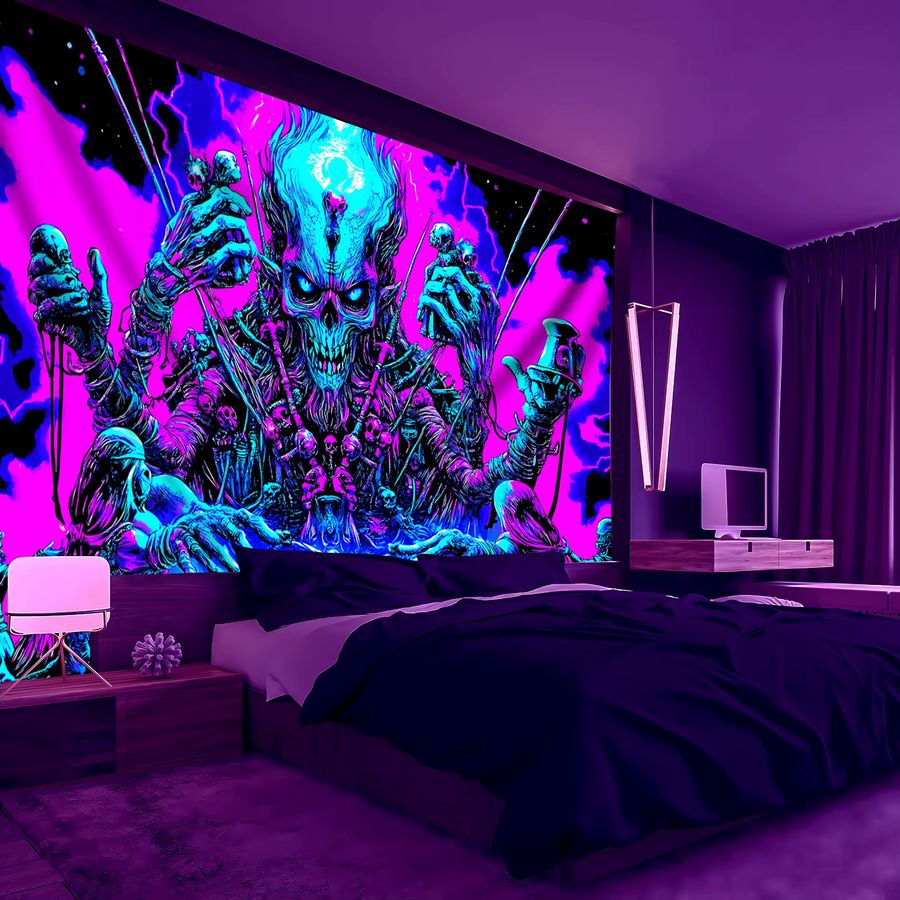 VIKAMA Diablo Wandteppich im Cyberpunk-Stil mit mehrarmigem Skelett und Blitz-Motiv zur Wanddekoration - Bild 2