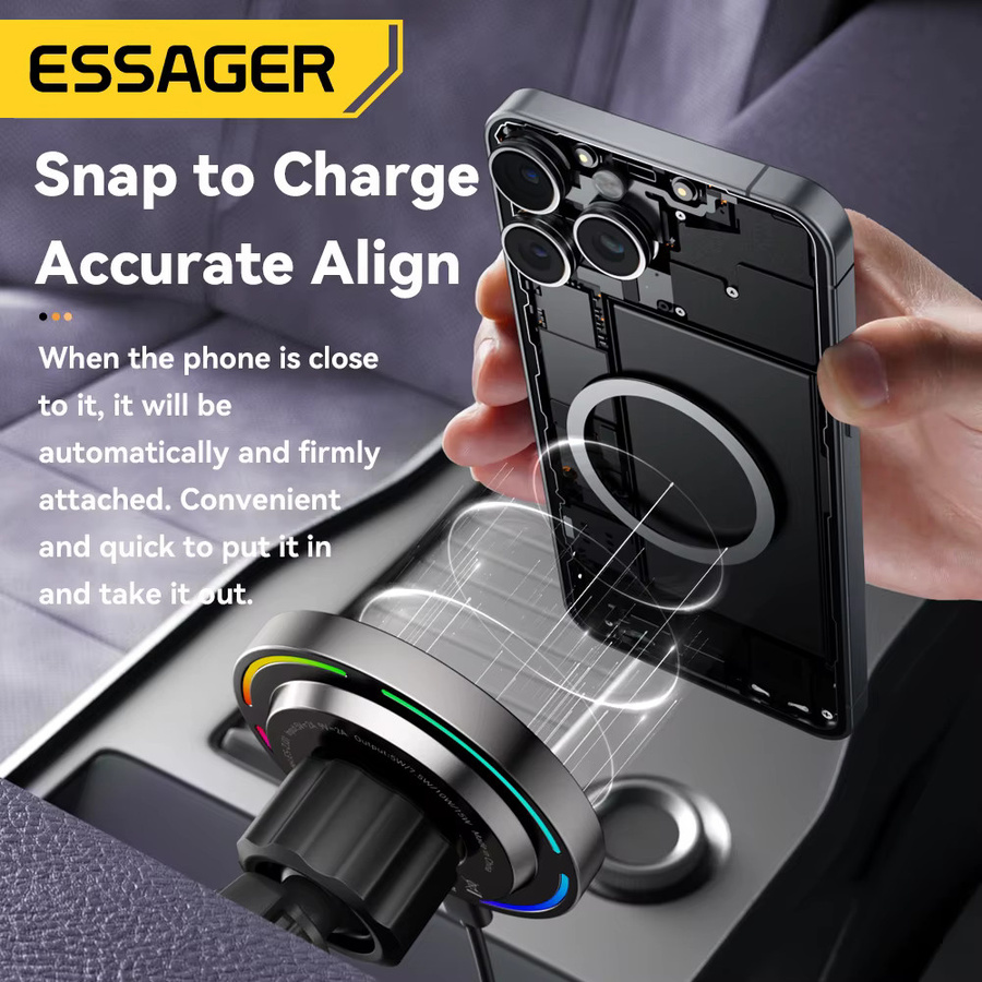 Essager RGB Magnetischer Autotelefonhalter mit 15W Qi Drahtlosem Ladegerät für iPhone 16 15 14 13 Pro und Magsafe kompatible Smartphones, Schwarz - Bild 4