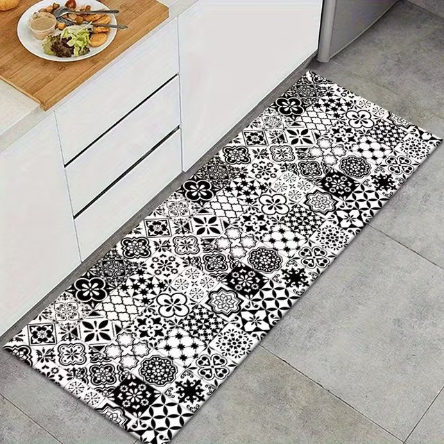 VIKAMA Boho Teppich mit Keramikfliesen-Druck in Schwarz, rutschfest und saugfähig, rechteckig, B/T: 60 x 40 cm - Bild 1