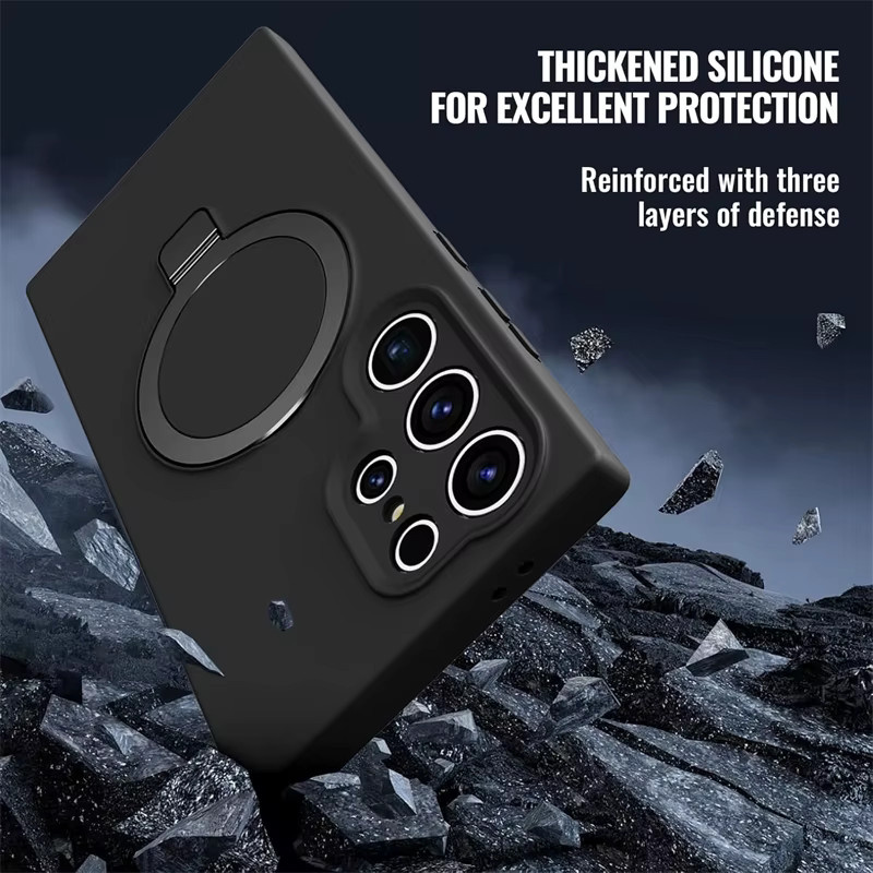 Stoßfeste Flüssigsilikon Handyhülle mit Magnetischem Ständer und MagSafe für Samsung Galaxy S26 Ultra S25 Edge S24 S23 Plus in Blau oder Schwarz - Bild 3
