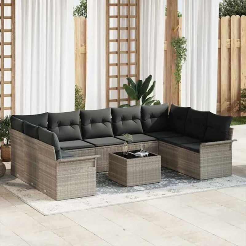 Vidaxl Gartensofa-Set aus Polyrattan mit 10 Kissen in Grau für moderne Loungemöbel - Bild 1