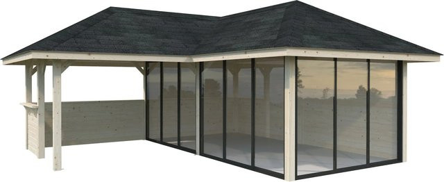 PALMAKO Pavillon Bianca Set 223 Slide aus Fichtenholz in Braun mit transparenten Alu-Schiebetüren und Eck-Tresenanlage, B/H/T: 588 x 319 x 588 cm - Bild 2