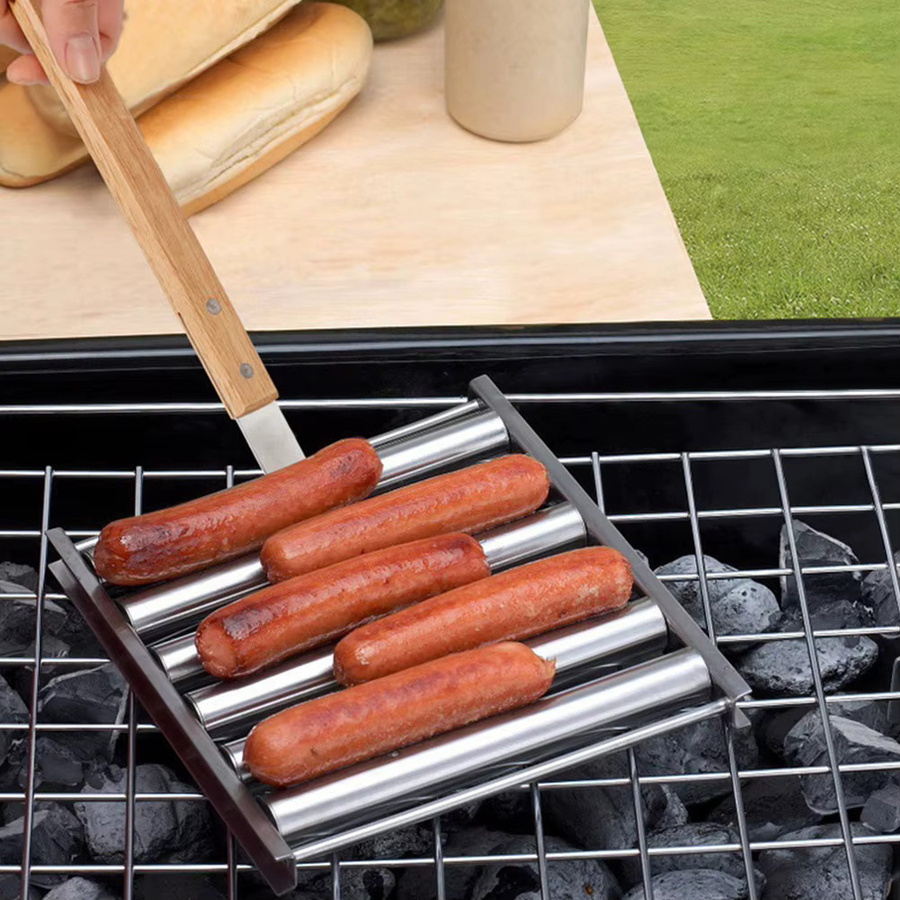 Alloet Hot Dog Roller mit Holzgriff für 5 Würstchen, BBQ Wurstgrill Zubehör - Bild 4