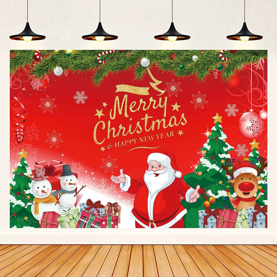 VIKAMA Weihnachtlicher Hintergrundstoff mit Weihnachtsmann und Schneeflocken als Party-Hängebanner, Mehrfarbig, B: 60,0 cm, H: 40,0 cm - Bild 2