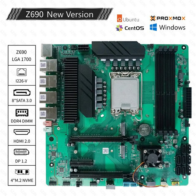 SZJN Z690 NAS-Motherboard für LGA1700 12.-14. Gen CPU, 4x DDR4 UDIMM, 4x M.2 NVMe, 8x SATA 3.0 und 4x 2.5G I226-V, Grün - Bild 1