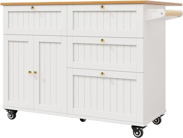 Merax Kücheninsel in Weiß mit Holzoptik, ausziehbar und mit Rollen, skandinavisches Design aus MDF und Metall, B/T/H: 88,0 x 70,0 x 40,55 cm - Bild 1