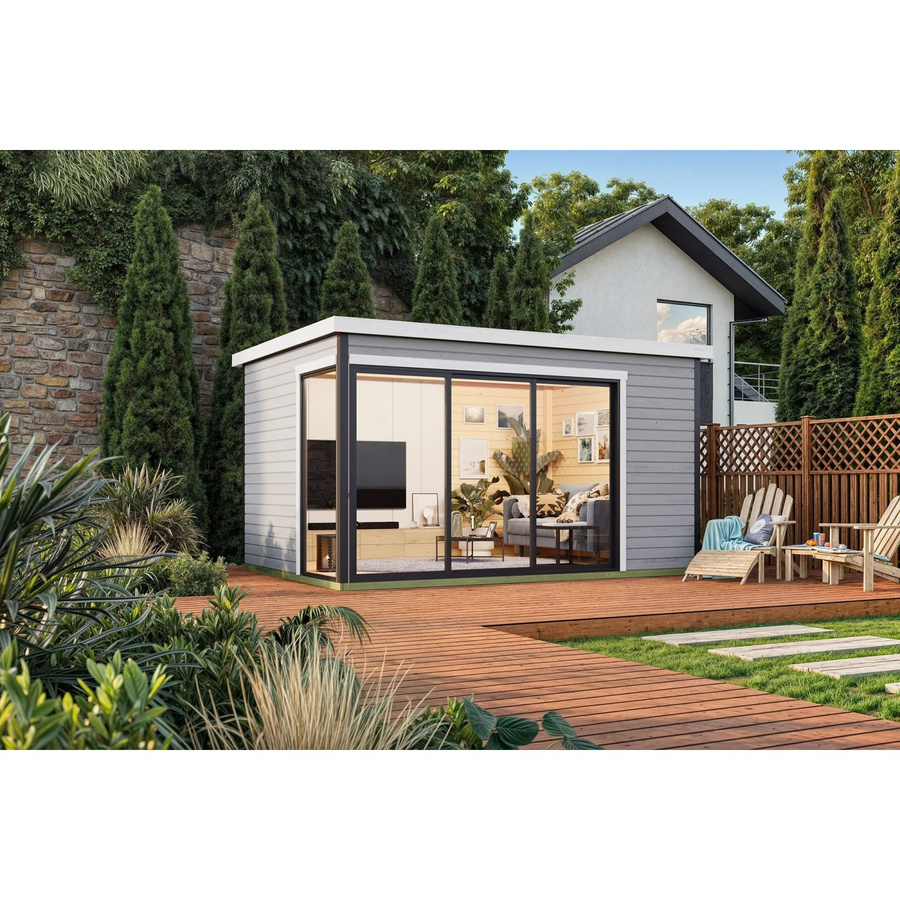 Lasita Gartenhaus Austin Blockbohlenhaus mit Flachdach in Lichtgrau, B/H/T: 439,6 x 239,4 x 319,6 cm - Bild 3