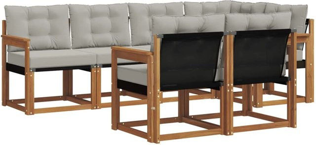 vidaXL Outdoor-Sofagarnitur 7-teilig aus Akazienholz und Textilene in Natur und Hellgrau mit UV-beständigen Kissen - Bild 1