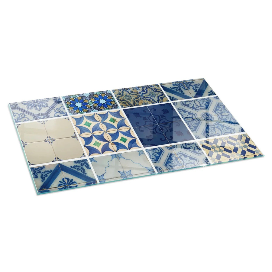 Tulup Glasplatte für Kamin mit Keramikfliesenmuster in Blau, B/H: 140 x 70 cm - Bild 2
