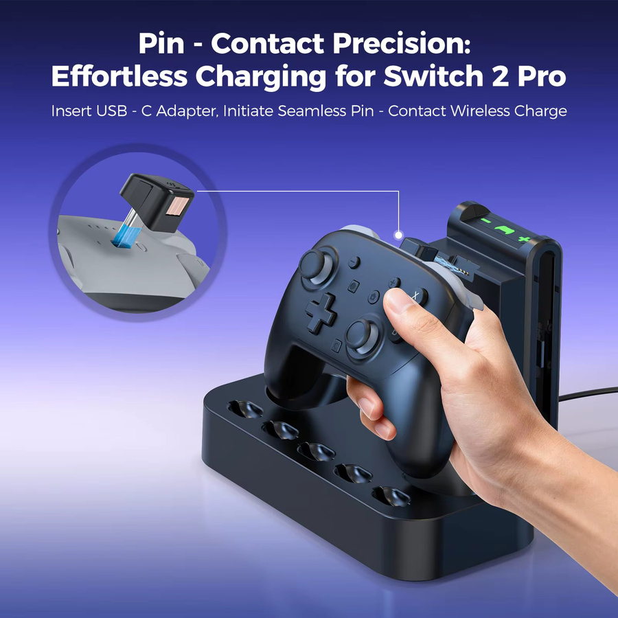 NEWDERY 2-in-1 Ladestation für Nintendo Switch Pro Controller und Joycon mit 5 Spielkarten-Speicherplätzen in Schwarz - Bild 3