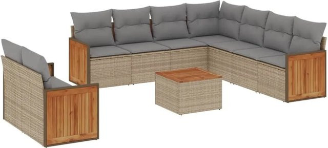 vidaXL 10-tlg. Garten-Sofagarnitur in L-Form aus Polyrattan und Akazienholz mit Kissen in Beige-Grau - Bild 1