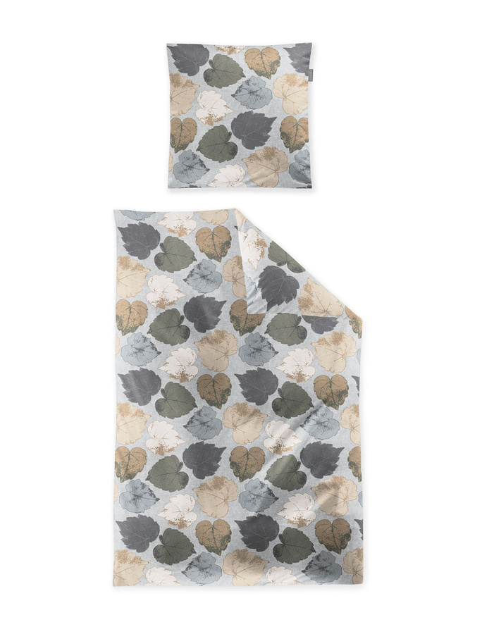 Irisette Feinbiber Bettwäsche mit Blättermuster in Grün und Sand, Set bestehend aus Bettbezug und Kissenbezug, B/H: 135 x 200 cm, Kissen: 80 x 80 cm - Bild 1