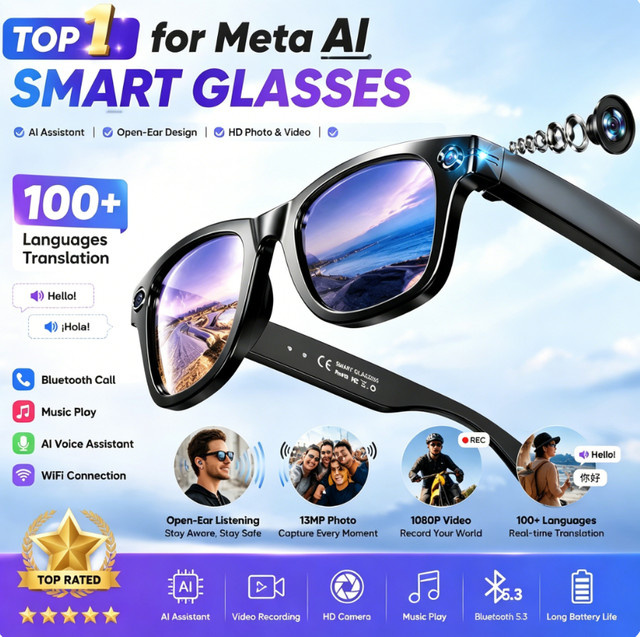 Meta AI Smart Glasses Sonnenbrille mit 13MP Kamera, Bluetooth, Videoaufnahme, Sprachübersetzung und Musikwiedergabe in Schwarz und Rot - Bild 1