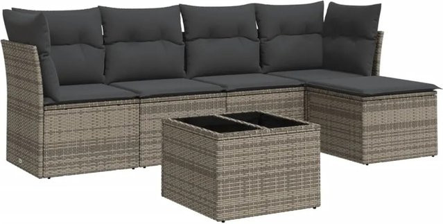vidaXL 6-teilige Garten-Sofagarnitur in L-Form mit Kissen und Couchtisch, Grau, Polyrattan und Metall - Bild 1