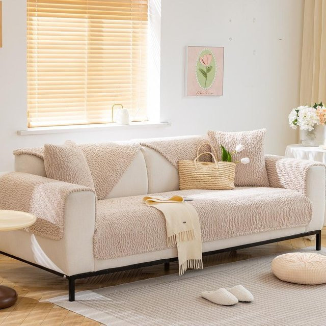 Rutschfester Plüsch Sofabezug aus Samt in Khaki, gesteppte Universal-Überwurf für dein Sofa, Breite: 70 cm, Tiefe: 70 cm - Bild 1