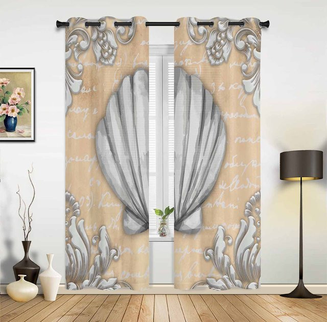 Super Six Retro Fenstervorhänge mit Muschel-Ozean-Muster in Beige, semi-transparent, Breite: 135 cm, Höhe: 185 cm, 2er-Set - Bild 1