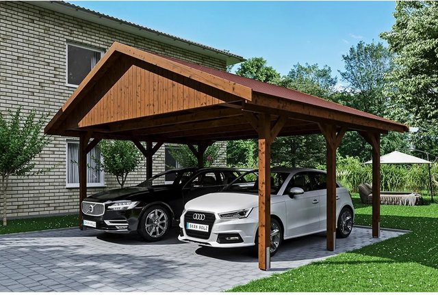 SKANHOLZ Satteldach-Carport Wallgau in Nussbaum mit roten Schindeln, B/T: 620 x 500 cm, Firsthöhe: 354 cm - Bild 1