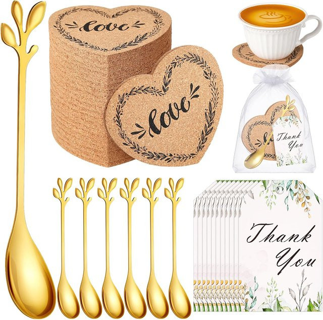 10-teiliges Set aus herzförmigen Korkuntersetzern, Teelöffel und Dankeskarte in Gold mit Organzabeutel als Geschenk für Hochzeitsgäste oder Braut-to-Be-Tea-Party - Bild 1