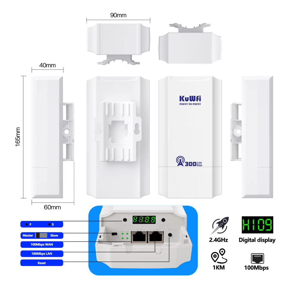 KuWFi Outdoor Wireless Bridge 300Mbps WLAN-Kit in Weiß für IP-Kamera-CCTV-Überwachung mit 1 km Reichweite - Bild 4