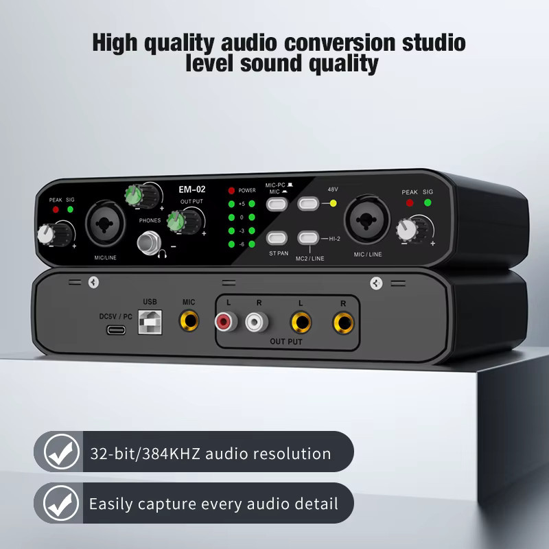 VBNM Audio-Schnittstelle mit Mikrofon in Schwarz, 48 V Vorverstärker, 32 Bit/384 kHz Audio-Auflösung für E-Gitarre und professionellen Studio-Gesang - Bild 2