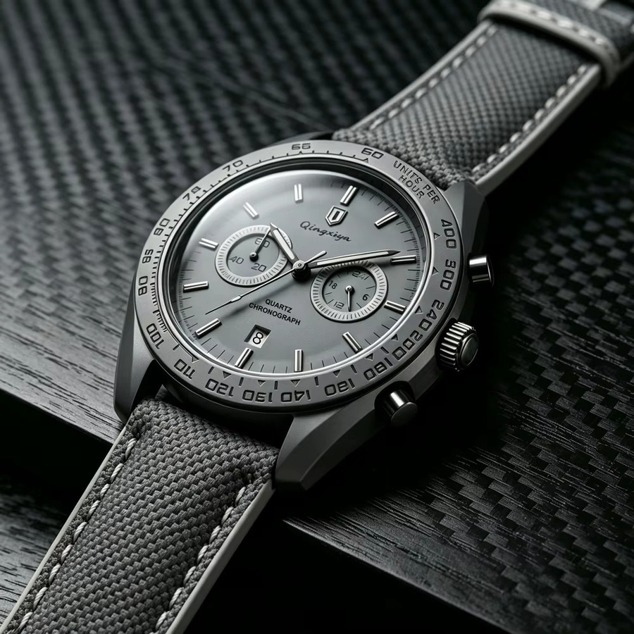 QINGXIYA Chronograph Herrenuhr, Quarz, Edelstahl, grau, Textil/NATO - Bild 3