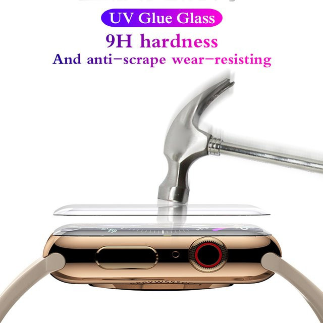 UV-Kleber Displayschutzfolie aus gehärtetem Glas für Apple Watch Serie 10, 9, 8, 7 sowie 46 mm, 45 mm, 44 mm und 41 mm, transparent - Bild 1