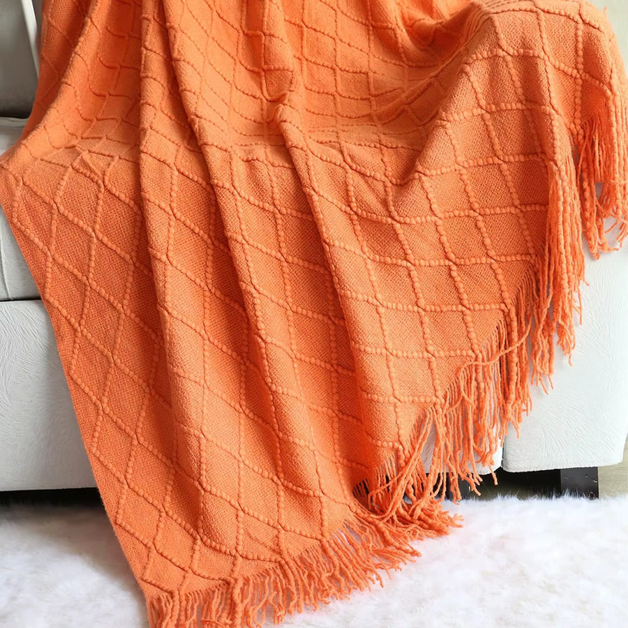 Inyahome Gestrickte Überwurfdecke mit Quasten in Orange, Grau und Blau, Kariertes Bettdeckendekor im Skandinavischen Stil, B/B/H: 172 x 127 x 1 cm - Bild 2