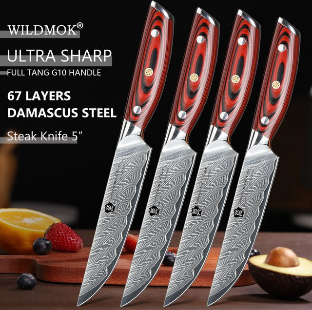 WILDMOK 4-teiliges Damaskus-Steakmesser-Set aus japanischem Super VG10-Stahl mit G10-Griff - Bild 1