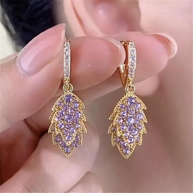 YIRAN Jewelry Creolen, Baumblatt, Zirkonstein, Lila, Goldfarbe, Damen - Bild 1