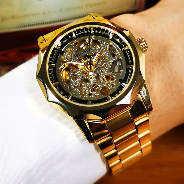 WINNER Armbanduhr Automatik, Gold, Edelstahlarmband, Herren, Leuchtzeiger - Bild 1