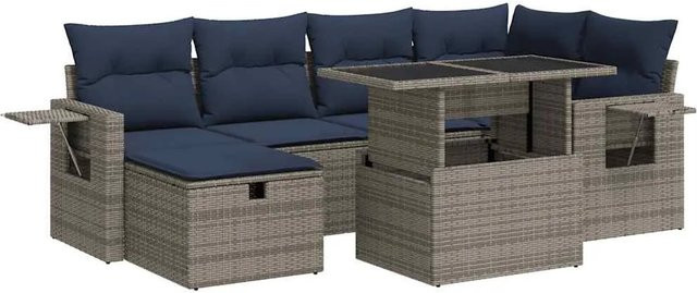 vidaXL 7-teilige Garten-Sofagarnitur aus Poly Rattan und Akazie in Grau mit Kissen - Bild 1