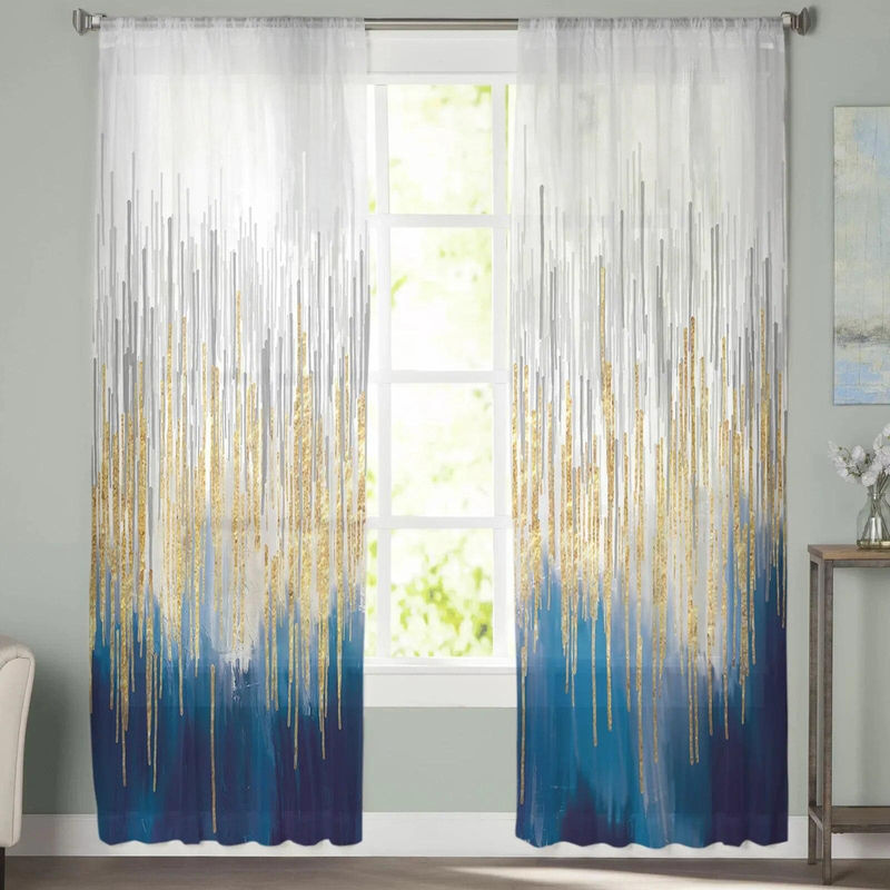 A Family Of Home Textiles Transparente Tüll-Vorhänge mit blauem abstraktem Grafikmuster für Wohnzimmer und Schlafzimmer, Breite: 135 cm, Höhe: 114 cm - Bild 3