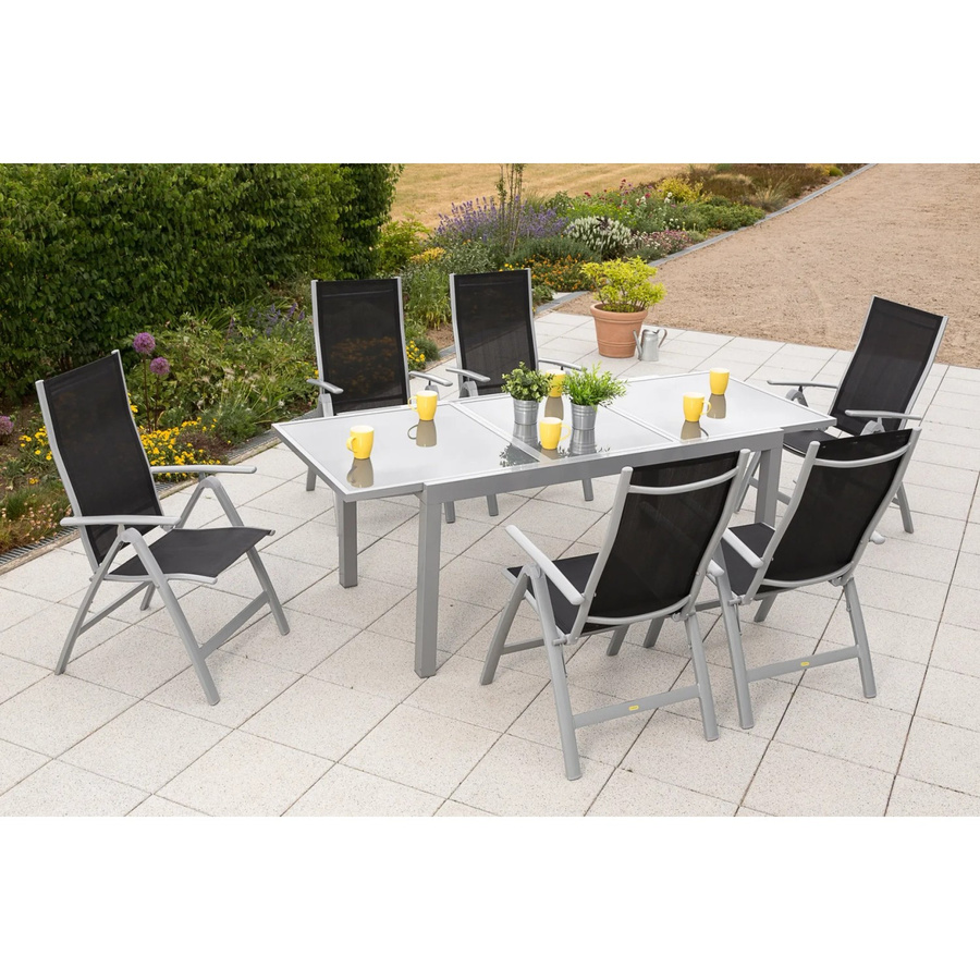 Merxx Gartenmöbel-Set Carrara 7-teilig in Schwarz mit ausziehbarem Glastisch aus Aluminium - Bild 2