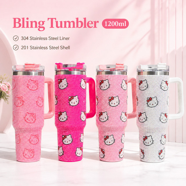 Sanrio Hello Kitty Isolierter Becher mit Griff und Glitzer-Kristall-Design für Kalt- und Heißgetränke, 1200 ml, Weiß und Pink - Bild 1