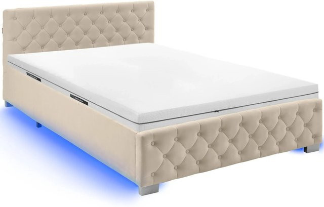 Tectake Polsterbett mit Matratze in Samtoptik mit Steppmuster und Lift-up-Funktion, Farbe Sand, H x B x T: 215 x 148 x 83 cm - Bild 1