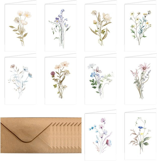 10er-Pack leere Aquarell-Grußkarten mit Wildblumen-Design in Weiß - Bild 1