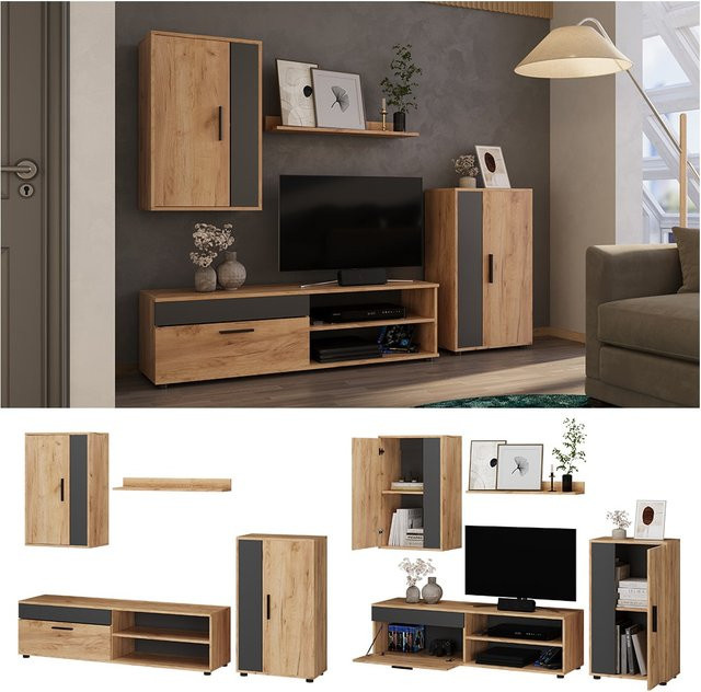 Vicco Wohnwand Berno Schrankwand 4er-Set in Eiche und Anthrazit für dein Wohnzimmer - Bild 1