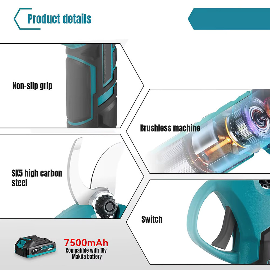 Kabellose elektrische Gartenschere mit 30mm Schneidkapazität und LCD-Display für Makita 18V Akku, bürstenlose Astschere mit 2-Gang-Funktion für Bonsai und Bäume - Bild 4